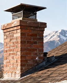 Brick chimney with a stainless steel cap on a Reno rooftop, snow-covered Sierra Nevada peaks behind
